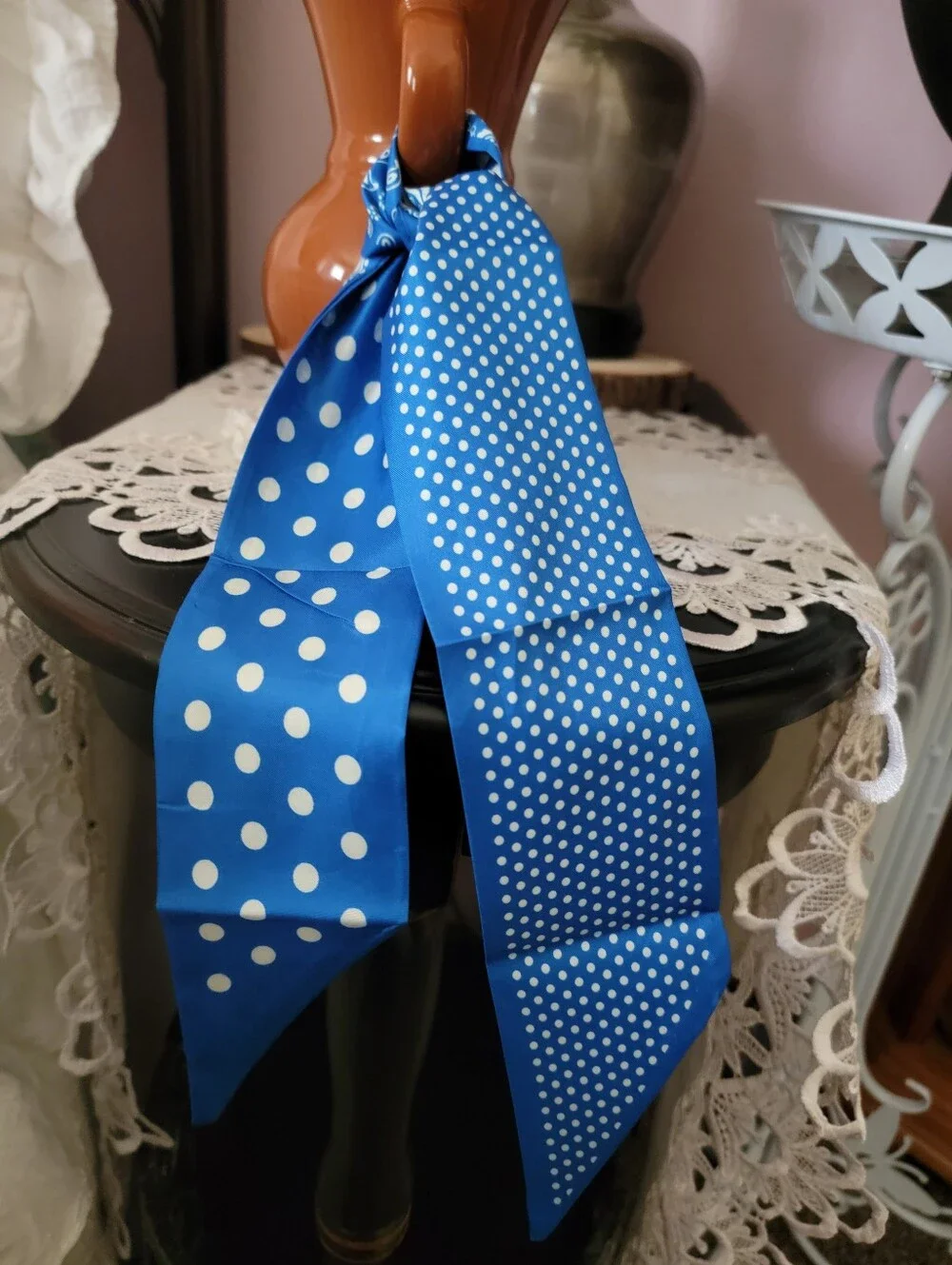 Blue Paisley & Polka Dot Hair Scarf Bow Twilly